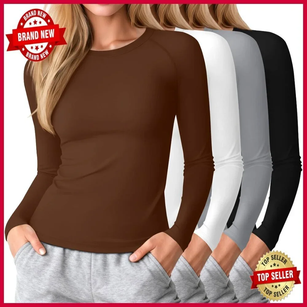 4 Pack Women's Compression Long Sleeve T-Shirts Slim Fit Workout Gym